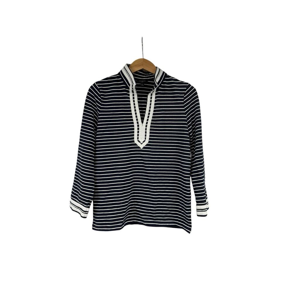Talbots Petites Navy Blue White Stripe Nautical Beach Popover Top Womens Size P